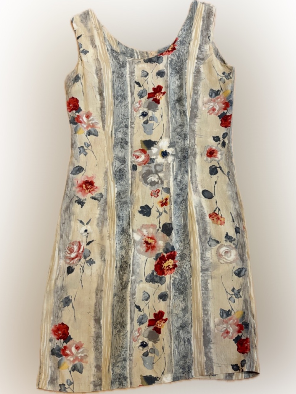 Vintage Jams World Cream & Gray Sleeveless Knee Length Dress 100% Rayon